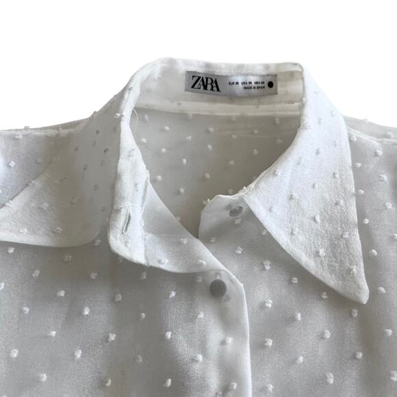 Zara White Organza Puff Sleeve Polka Swiss Dot Semi Sheer Blouse XS - Picture 7 of 14